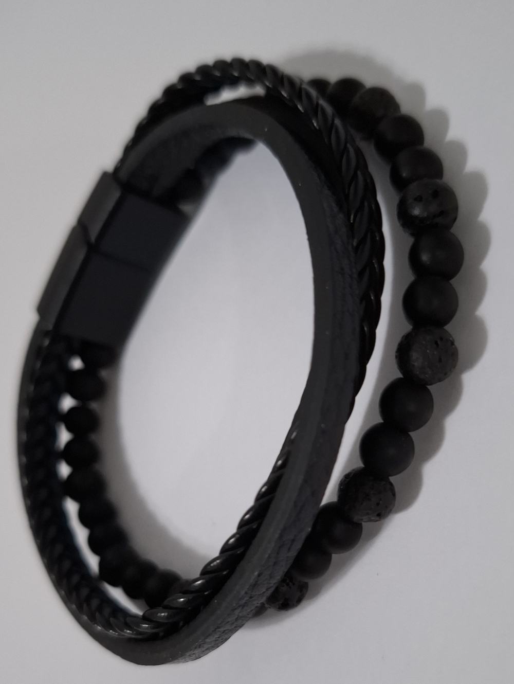 Men's Black Multi-Strand Beaded & Leather Bracelet - Brand
